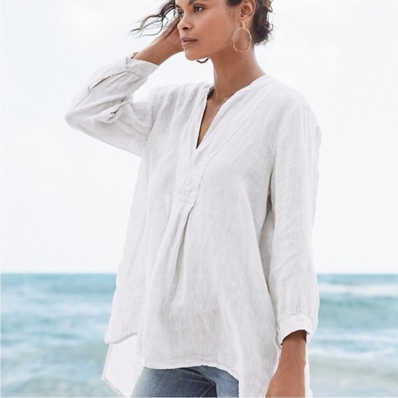 CP SHADES Linen Popover V Neck Long Sleeve Tunic Top Blouse White Boho Coastal - Picture 1 of 15